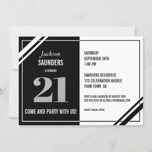 21st Birthday Modern Black and White Party Invitation