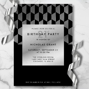 21st Birthday Modern Black Faux Silver Foil Invitation