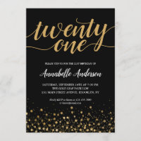 21st Birthday Modern Black Gold Confetti Script