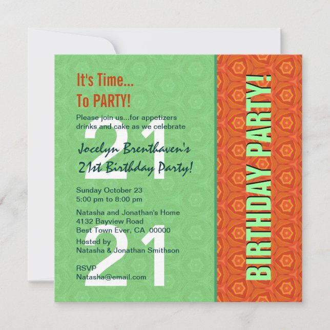 21st Birthday Modern Bright Green and Orange W821 Invitation (Front)