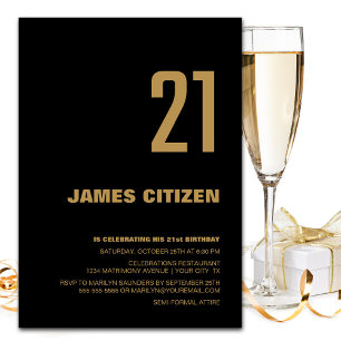 21st Birthday Modern Minimalist Black Gold Party Invitation