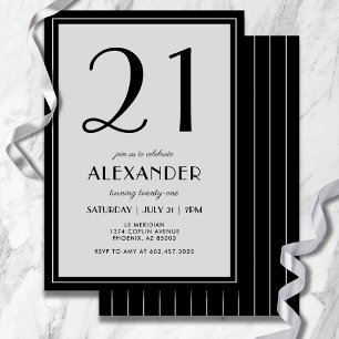 21st Birthday Modern Minimalist Mens Black Grey Invitation