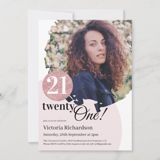 21st Birthday Modern Pink Glitter Custom Photo Invitation (Front)
