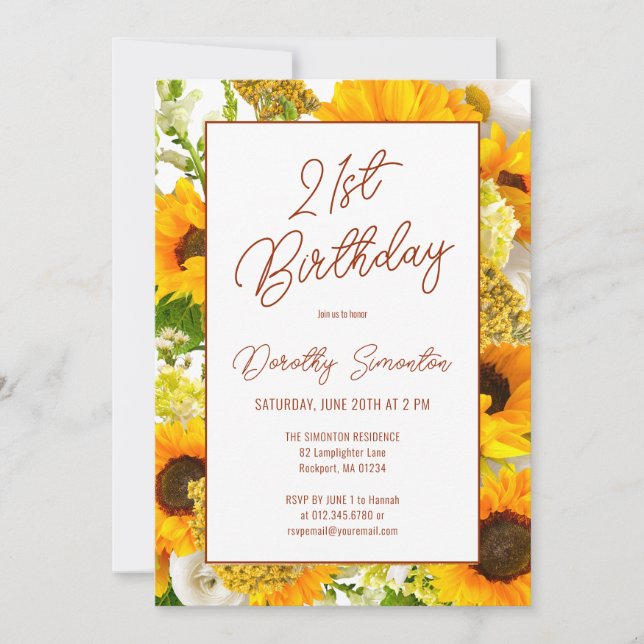 21st Birthday Modern Sunflower Floral Invitation (Front)