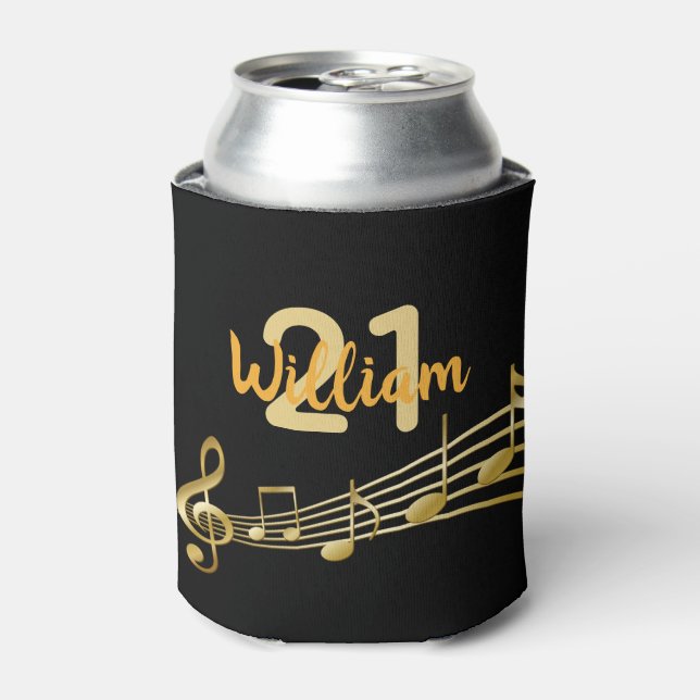 21st birthday music notes black gold name can cooler (Can Front)