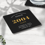 21st Birthday Name 2004 Black Gold Elegant Chic Square Paper Coaster<br><div class="desc">Premium 21st Birthday Black and Gold Personalised Paper Coasters - Celebration Elegance. Celebrate a milestone birthday in style with our chic, premium-quality, 21st Birthday paper coasters. Exquisitely designed with a striking black and gold colour scheme, these coasters add a touch of luxury and sophistication to any 21st birthday bash. Express...</div>