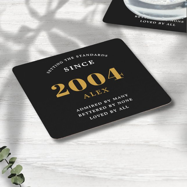 21st Birthday Name 2004 Black Gold Elegant Chic Square Paper Coaster (Personalized 21st birthday party coaster with name and year of birth.)
