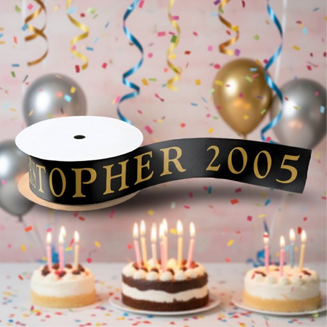 21st Birthday Name 2005 Black Gold Elegant Chic Satin Ribbon (2005 wrapping ribbon. Birthday theme background)