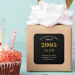 21st Birthday Name 2005 Black Gold Elegant Chic Square Sticker