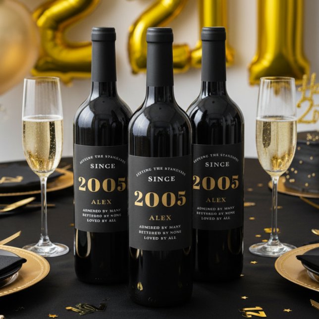 21st Birthday Name 2005 Black Gold Elegant Chic Wine Label (2005 wine bottle labels on red wine bottles)