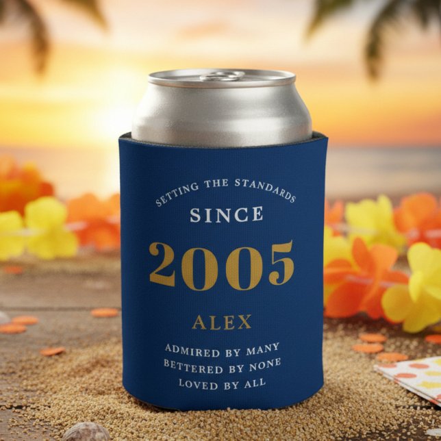 21st Birthday Name 2006 Blue Gold Elegant Chic Can Cooler (2005 Blue can cooler on a beach scene background.)