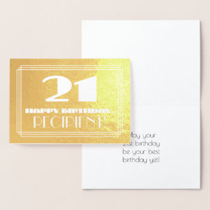 21st Birthday: Name + Art Deco Inspired Look "21" Foil Card