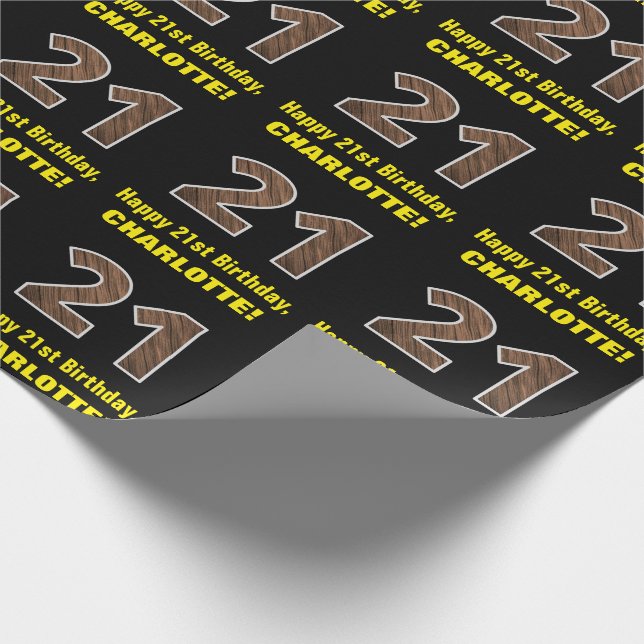 21st Birthday: Name & Faux Wood Grain Pattern "21" Wrapping Paper (Corner)