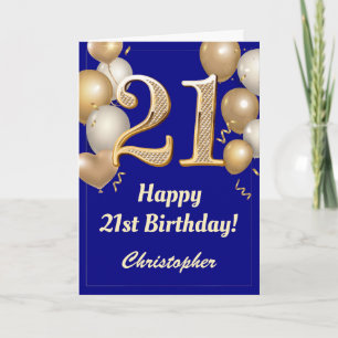 21st Birthday Navy Blue and Gold Balloons Confetti Card