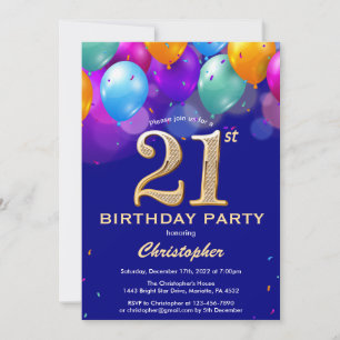 21st Birthday Navy Blue and Gold Colourful Balloon Invitation