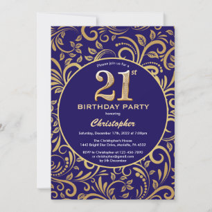 21st Birthday Navy Blue and Gold Floral Pattern Invitation