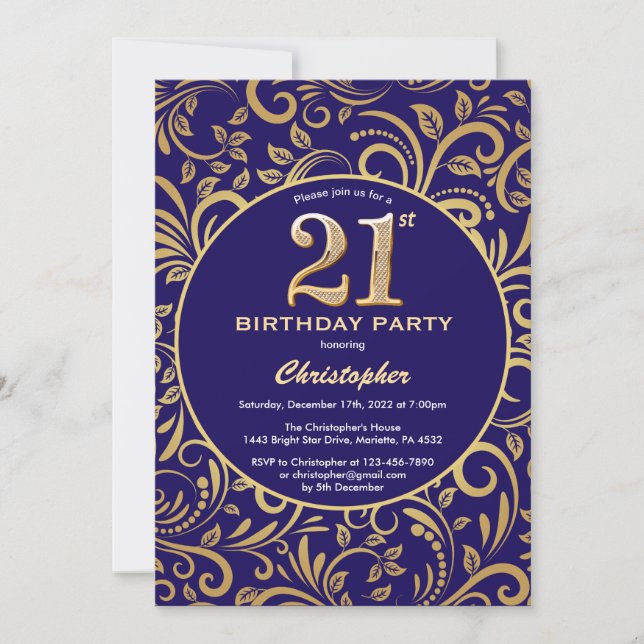 21st Birthday Navy Blue and Gold Floral Pattern Invitation (Front)