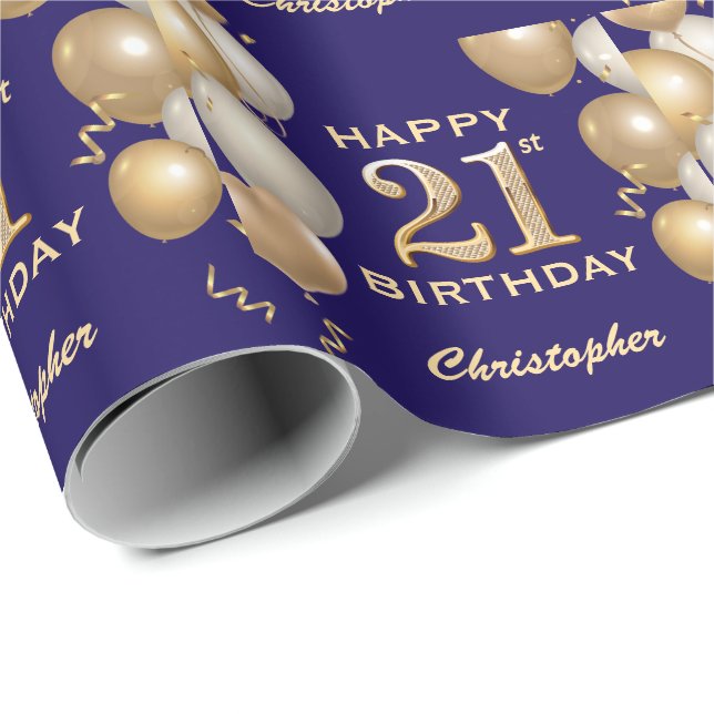 21st Birthday Navy Blue and Gold Glitter Balloons Wrapping Paper (Roll Corner)