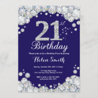 21st Birthday Navy Blue and Silver Diamond
