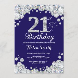 21st Birthday Navy Blue and Silver Diamond Invitation