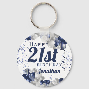 21st Birthday Navy Blue Balloons Key Ring