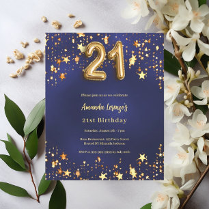 21st birthday navy blue gold stars invitation