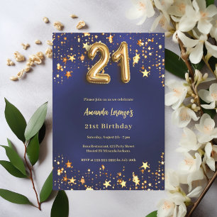 21st birthday navy blue gold stars invitation