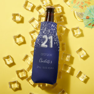 21st birthday navy blue silver glitter dust name bottle cooler
