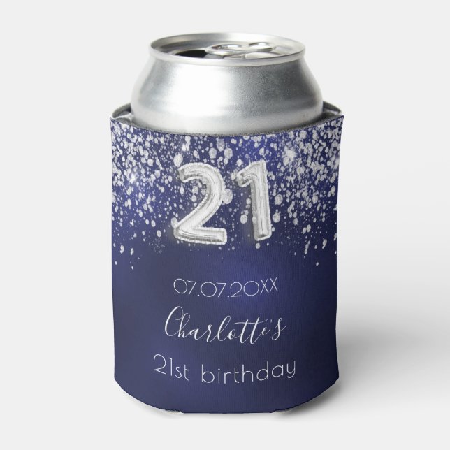 21st birthday navy blue silver glitter dust name can cooler (Can Front)