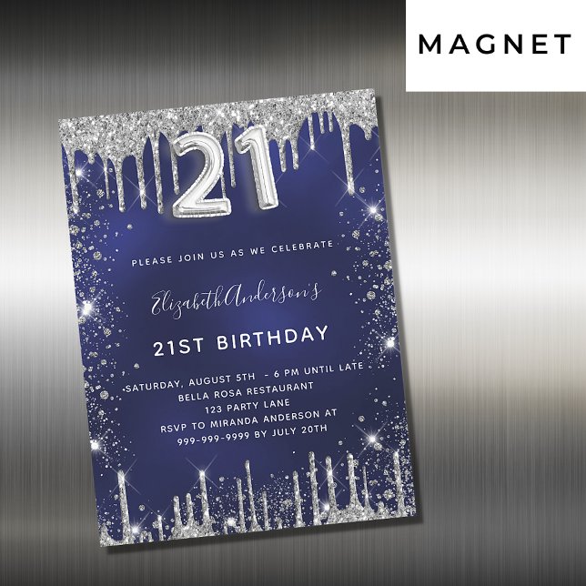 21st birthday navy blue silver glitter luxury magnetic invitation (Creator Uploaded)