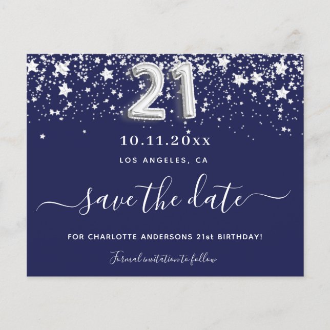 21st birthday navy blue silver star save date card (Front)