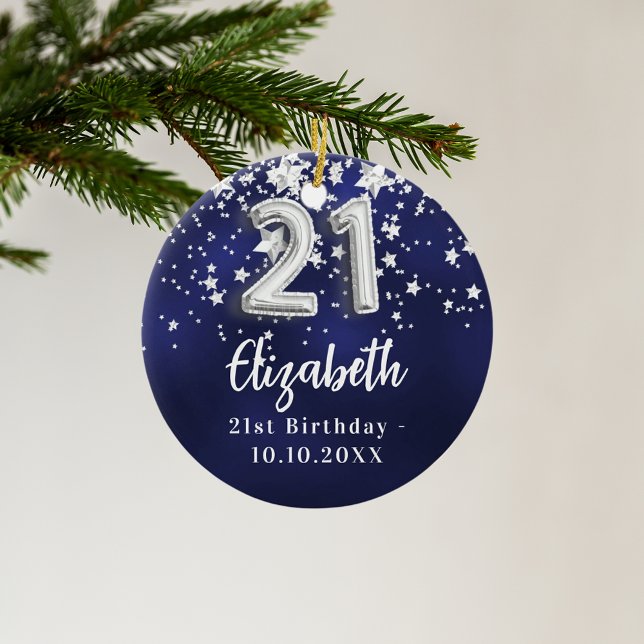 21st birthday navy blue silver stars ceramic tree decoration (Creator Uploaded)