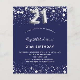 21st birthday navy blue silver stars invitation