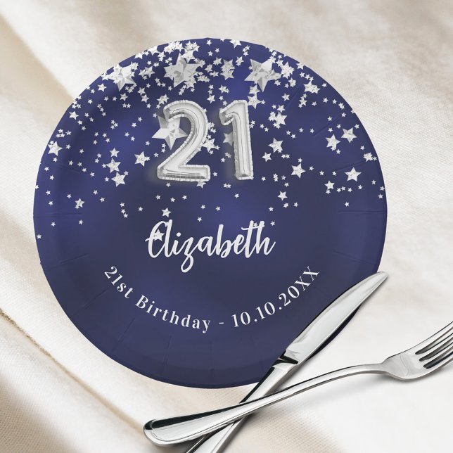 21st Birthday navy blue silver stars Paper Plate (Creator Uploaded)