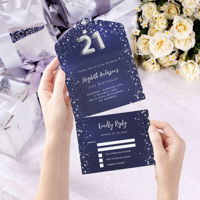 21st Birthday navy blue silver stars rsvp All In One Invitation (Creator Uploaded)