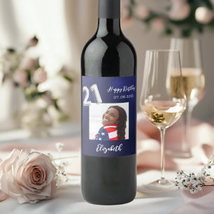 21st Birthday navy blue white photo Wine Label