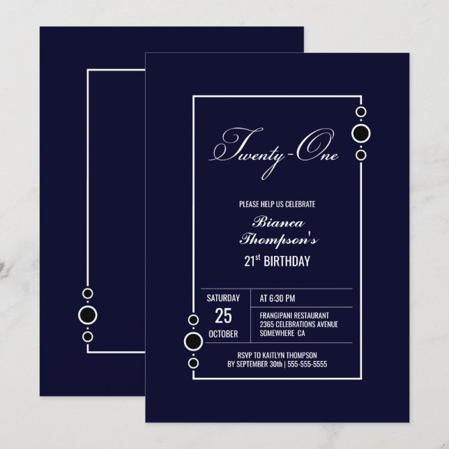 21st Birthday Navy Blue with White Frame Party Invitation (Front/Back)
