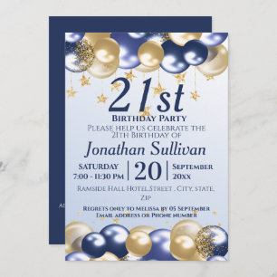 21st Birthday Navy Gold Balloons Party Invitation