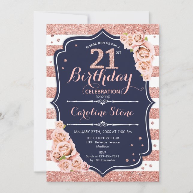 21st Birthday - Navy Rose Gold and White Stripes Invitation (Front)