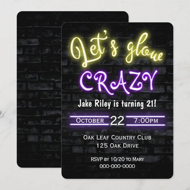 21st Birthday Neon Glow Sign on Brick Wall Invitation (Front/Back)