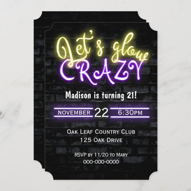 21st Birthday Neon Glow Sign on Brick Wall Invitation (Front/Back)