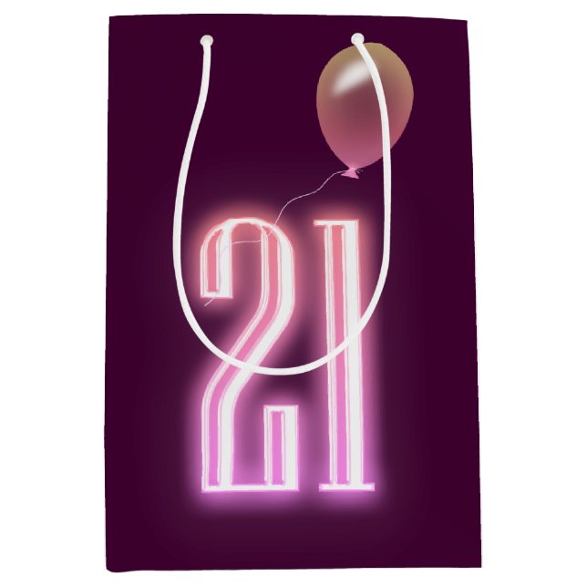 21st Birthday Neon Sign and Balloon  Medium Gift Bag (Front)