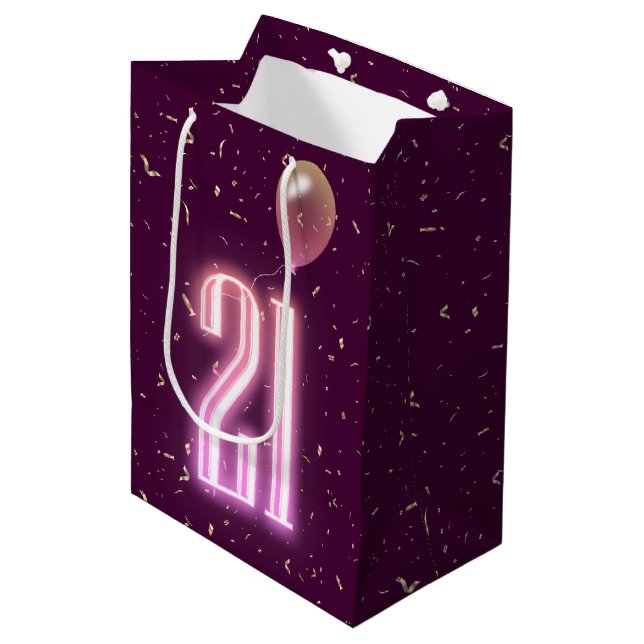 21st Birthday Neon Sign and Confetti Medium Gift Bag (Front Angled)