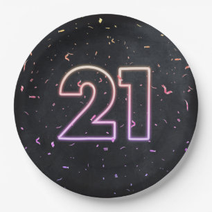 21st Birthday Neon Sign On Black Paper Plate
