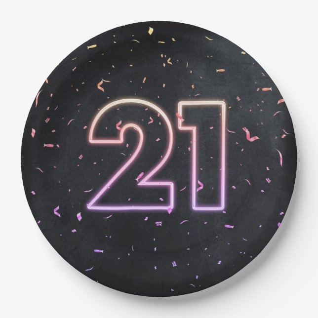 21st Birthday Neon Sign On Black Paper Plate (Front)