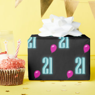 21st Birthday Neon Sign with Balloon  Wrapping Paper