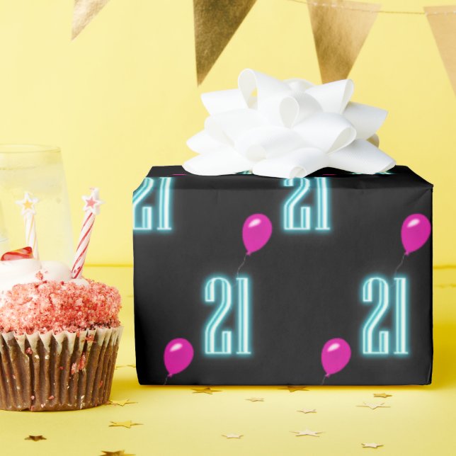 21st Birthday Neon Sign with Balloon  Wrapping Paper (Birthday Party)