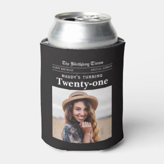 21st Birthday Newspaper Black Can Cooler