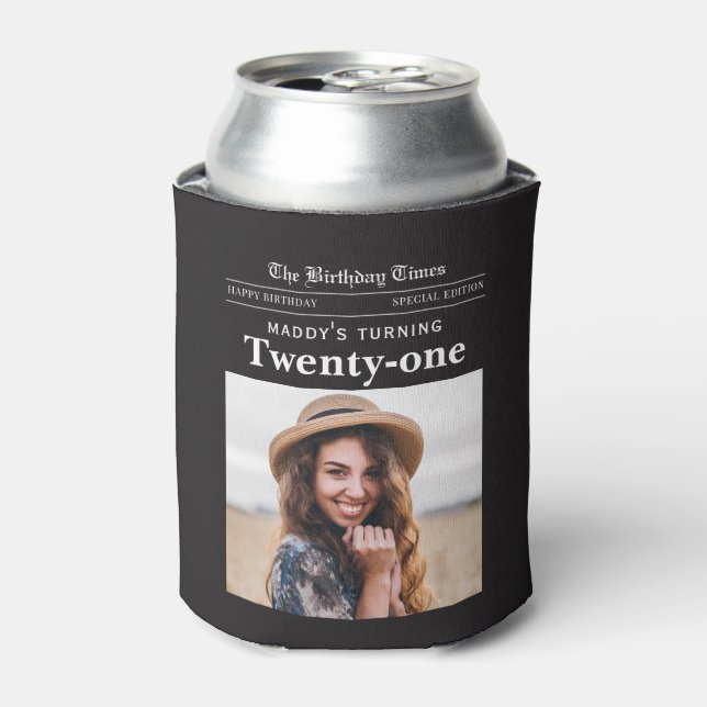 21st Birthday Newspaper Black Can Cooler (Can Front)