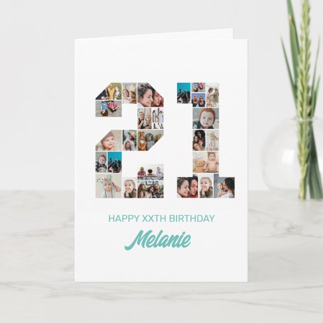 21st Birthday Number 21 Photo Collage Personalised Card (Front)